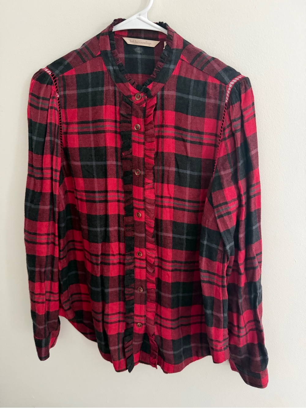 Soft Surroundings Triana Lightweight Flannel Plaid Shirt Ruffle Button Front
